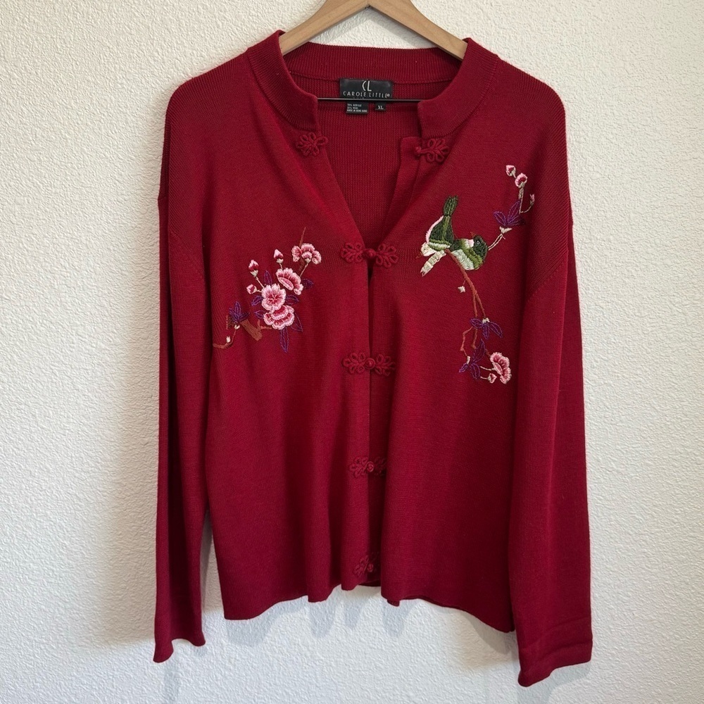 VTG Carol Little Knitwear‎ Womens XL Embroidered Floral Bird Cardigan Slouchy